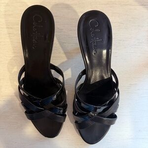 Cole Haan Air Alina Slide Black Patent Low Heel Sandals Size 6.5 in Box